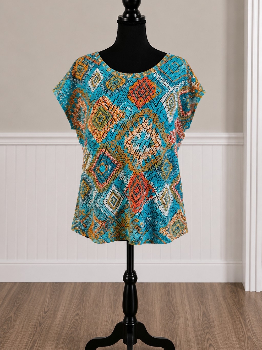 4/$15🟢•Ruby Rd.  Turquoise Multi-Color Short Sleeve Top